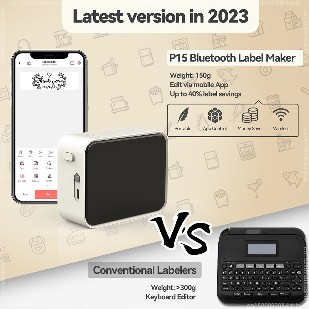 Pocket Label Printer P15 — Inkless Bluetooth Label Maker (iOS & Android)